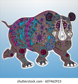 Vector illustration of a colored rhino in zentangle style