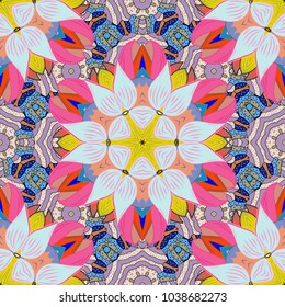 Vector illustration. Colored round floral mandala on a neutral, pink and blue colors. For textile, invitations, banners and other.