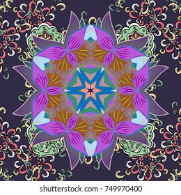 Vector illustration. Colored round floral mandala on a violet, neutral and black colors. For textile, invitations, banners and other.