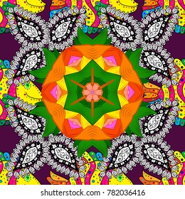 Vector illustration. Colored round floral mandala on a white, green and orange colors. For textile, invitations, banners and other.