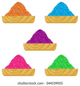 Vector illustration of colored sea salt in a wooden bowl.