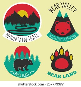 Vector Illustration. Colored Set Of Camping Emblems, Labels And Logos With Mountains, Trees And Bears. Bear Land, Valley, Mountain Trail