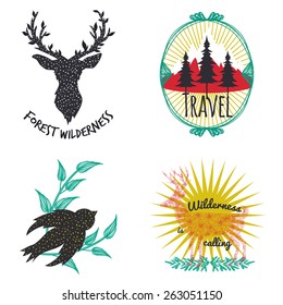 Vector illustration. Colored set of camping emblems, labels and logos with mountains, trees, deers and bird. 