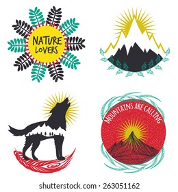 Vector illustration. Colored set of camping emblems, labels and logos with mountains, flower, wolf, sunrise and rays