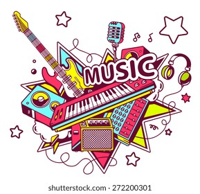 Vector illustration of colored set of musical instruments on a light background with stars. Hand draw line art design for web, site, advertising, banner, poster, board and print.  