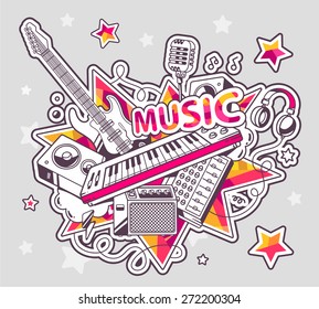 Vector illustration of colored set of musical instruments on a gray background with stars. Hand draw line art design for web, site, advertising, banner, poster, board and print.  