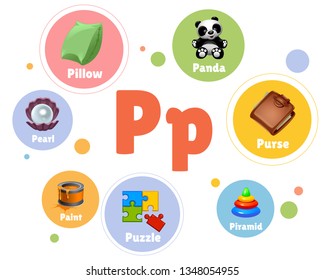 vector illustration colored set objects with letter P 