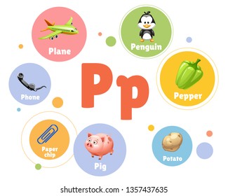 vector illustration colored set objects with P letter