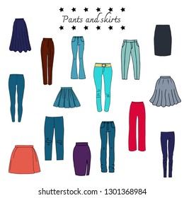 Vector illustration of colored set pants, skirts