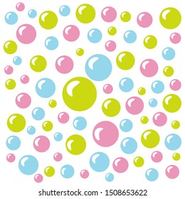 Vector illustration with colored soap bubbles. Pattern with colorful bubbles on a white background. Template for spa salon, water park, bath. Shampoo, soap, cosmetics.