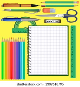 Vector illustration of colored stationery, office tool, set for school 3D isolated on bright yellow background, seamless illustration