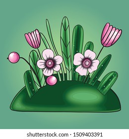 Vector illustration of a colored summer floral arrangement of leaves, plants, flowers and butterflies on a background