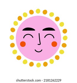 Vector illustration of colored sun with smiling faces. Sunny and good weather. Solar icon symbol. Funny sticker design, home wall decoration poster and apparel print template.