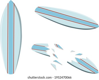 Vector illustration of a colored surfboard. Surfboard crashed. Marine extreme sport. Isolated illustration on a white background