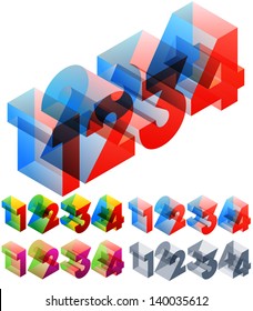 Vector illustration of colored text in isometric view. Standard characters. NUMBERS 1 2 3 4 5