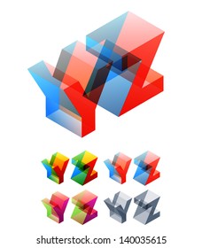 Vector illustration of colored text in isometric view. Standard characters. letters Y Z