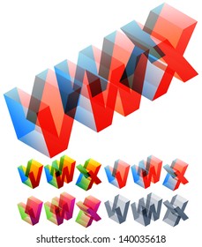 Vector illustration of colored text in isometric view. Standard characters. letters V W X