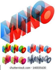 Vector illustration of colored text in isometric view. Standard characters. letters M N O