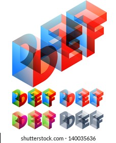 Vector illustration of colored text in isometric view. Standard characters. letters D E F