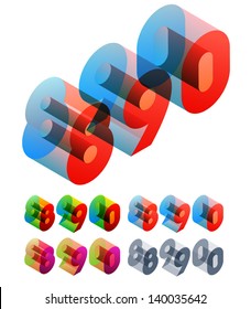 Vector illustration of colored text in isometric view. Standard characters. NUMBERS 8 9 0