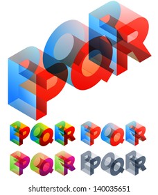 Vector illustration of colored text in isometric view. Standard characters. letters P Q R