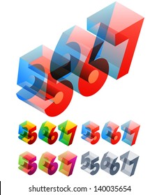 Vector illustration of colored text in isometric view. Standard characters. NUMBERS 5 6 7