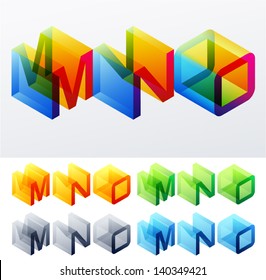 Vector illustration of colored text in isometric view. Cube-styled monospace characters. M N O