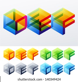 Vector illustration of colored text in isometric view. Cube-styled monospace characters. D E F - Powered by Shutterstock - Get 15% off with code: PIKWIZARD15