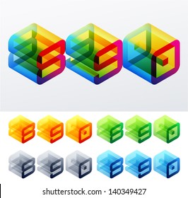 Vector illustration of colored text in isometric view. Cube-styled monospace characters. 8 9 0