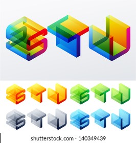 Vector illustration of colored text in isometric view. Cube-styled monospace characters. letters S T U