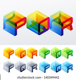 Vector illustration of colored text in isometric view. Cube-styled monospace characters. P Q R