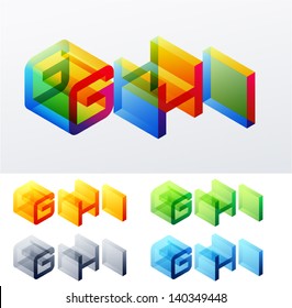 Vector illustration of colored text in isometric view. Cube-styled monospace characters. letters G H I