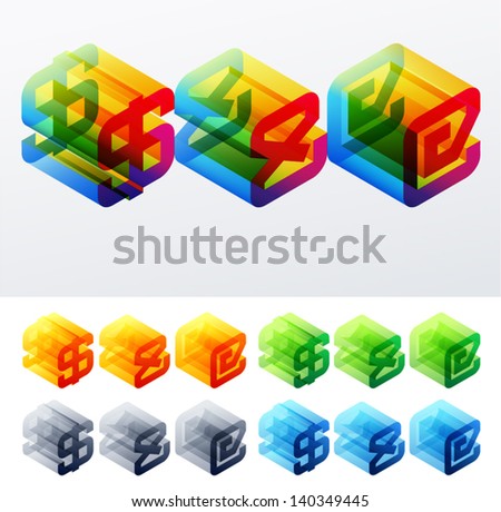 Vector illustration of colored text in isometric view. Cube-styled monospace characters. SYMBOLS 3