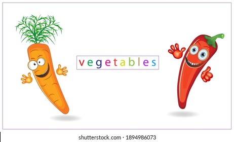 Vector illustration of colored vegetables with eyes, mouths and hands. Carrots, peppers. EPS 10.