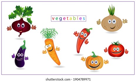Vector illustration of colored vegetables with eyes, mouths and hands. Carrots, peppers. EPS 10.