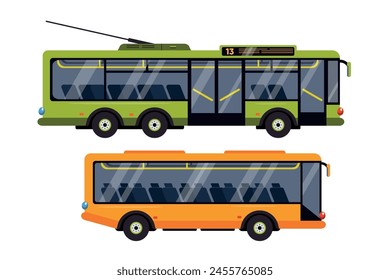 Vector illustration of colored vehicles. Cartoon scene of a beautiful trolleybus and bus with passenger seats, windows, wheels, handrails, headlights, isolated on white background.