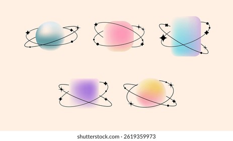 Vector illustration. Colorful 3d abstract shapes with orbiting star lines on a light background.  Soft pastel gradient color. Design element for poster, book or magazine cover, layout, flyer, post