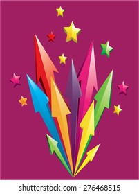 Vector illustration of colorful 3D arrows shoot out with stars over purple background