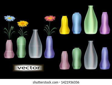 vector illustration of a colorful 3d bottles, vases for flowers, the bright colors of translucent glass for the dark background isolated
