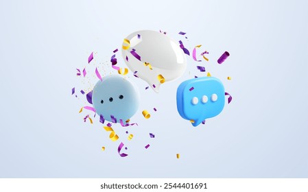Vector illustration of colorful 3D chat bubbles surrounded by vibrant confetti, symbolizing celebration, communication, and social media engagement. Perfect for themes of digital interaction.