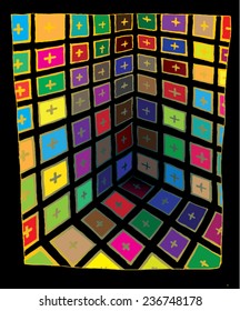 Vector illustration of colorful 3d space, room. Hand drawn, colored, dimensional.