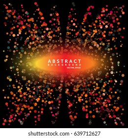 Vector illustration of colorful abstract background with flying from the center splashing dots in vibrant yellow red colors on black background.