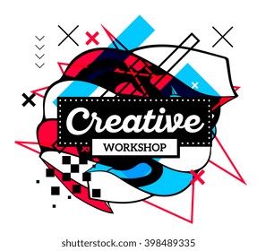 Vector illustration of colorful abstract composition with black frame and text isolated on white background. Line art design for web, site, banner, poster, board, card, paper print, t-shirt.