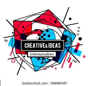 Vector illustration of colorful abstract composition with black frame and text isolated on white background. Line art design for web, site, banner, poster, board, card, paper print, t-shirt.