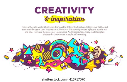 Vector illustration of colorful abstract composition with header and text on white background. Creativity and inspiration concept template. Line art design for web, site, banner, poster, board, card