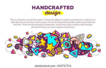 Vector illustration of colorful abstract composition with header and text on white background. Handcrafted design concept template. Line art futuristic artwork. Design for web, site, poster, leaflet,
