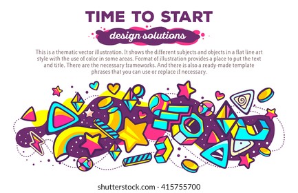 Vector illustration of colorful abstract composition with header and text on white background. Time to start. Design solutions concept template. Line art design for web, site, banner, poster, board