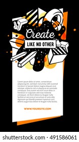 Vector illustration of colorful abstract composition with yellow, black frame, header, text on white background. Line art vertical flat style template design for web, site, banner, poster