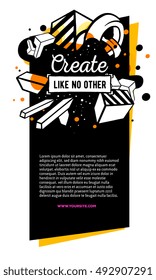 Vector illustration of colorful abstract composition with yellow, white frame, header, text on black background. Line art vertical flat style template design for web, site, banner, poster