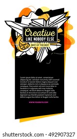 Vector illustration of colorful abstract composition with yellow, white frame, header, text on black background. Line art vertical flat style template design for web, site, banner, poster